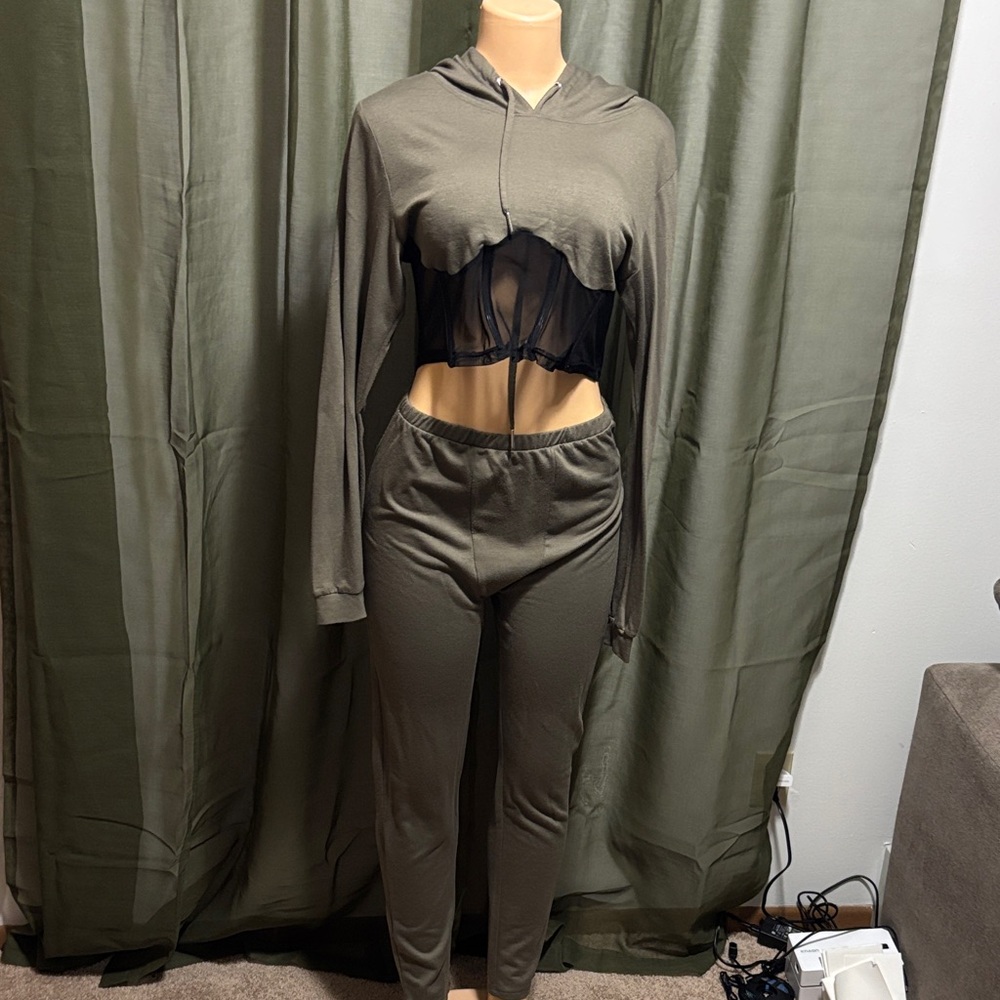 Olive Green Two-Piece Hoodie and Pants Set